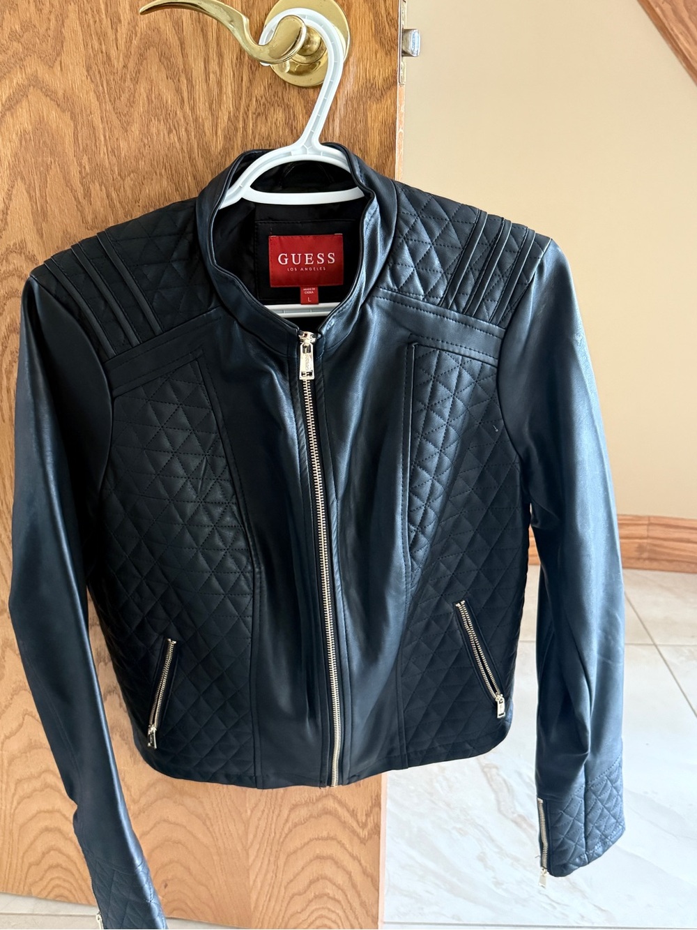 GUESS Black Quilted Faux Leather Moto Jacket with Silver Zippers